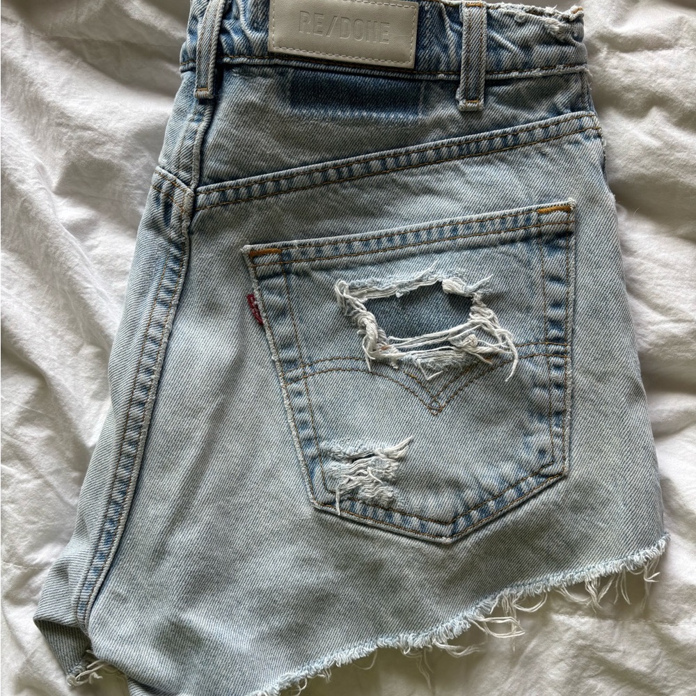 Re/Done Light Blue Frayed Levi Denim Shorts